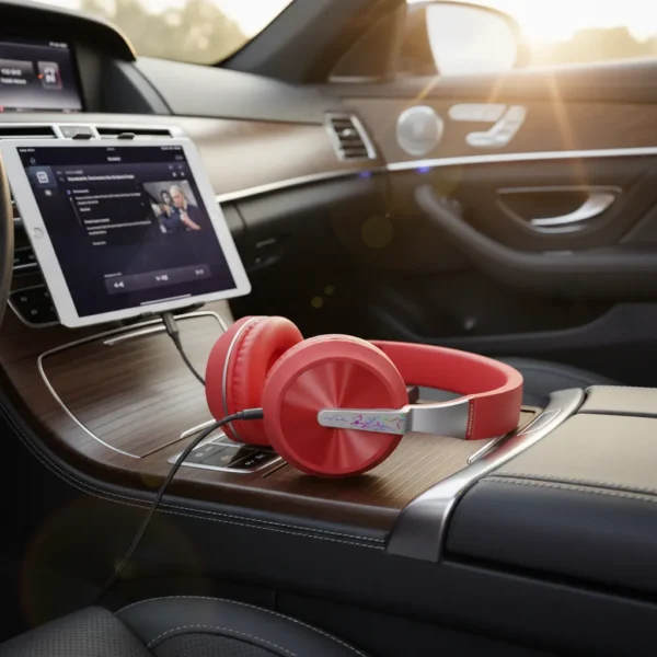 Red 958BT Wireless Headphones plugged into a tablet, resting on a luxurious car's wooden console.