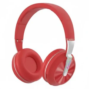 Red 958BT wireless over-ear Bluetooth headphones, with silver band featuring "wireless" text and colorful lights.
