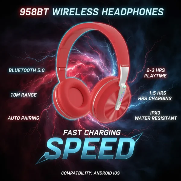 Red 958BT wireless headphones on an energetic lightning background, highlighting fast charging speed, Bluetooth 5.0, and water resistance.