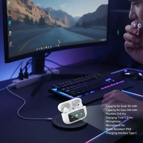 Person putting A9 Pro earbud in; white case with screen wirelessly charging on a vibrant RGB gaming desk.