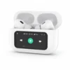 White A9 Pro wireless earbuds in open charging case. Front display shows battery status and music playback controls.