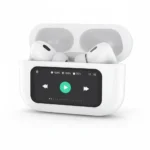 White A9 Pro wireless earbuds in open charging case. Front display shows battery status and music playback controls.