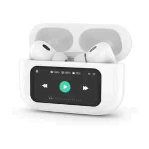 White A9 Pro wireless earbuds in open charging case. Front display shows battery status and music playback controls.