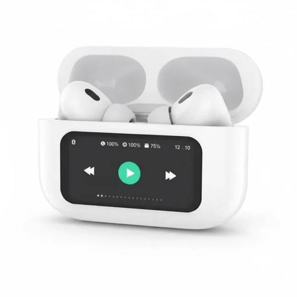 White A9 Pro wireless earbuds in open charging case. Front display shows battery status and music playback controls.