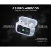 White A9 Pro Airpods wireless earbuds in an open charging case with a music player display, on a dark, smoky background.