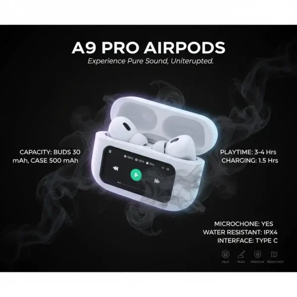White A9 Pro Airpods wireless earbuds in an open charging case with a music player display, on a dark, smoky background.