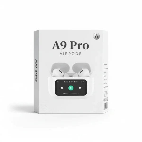 A9 Pro Airpods white retail box showing wireless earbuds in open charging case with digital music player screen.
