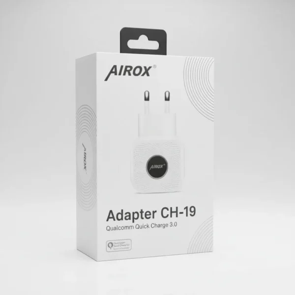 White Airox Adapter CH-19 retail box showcasing the Qualcomm Quick Charge 3.0 wall charger.