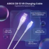 Airox CB-13 V8 white USB-A to Micro USB charging cable. Glassmorphism poster shows port types and USB 2.0 speed.