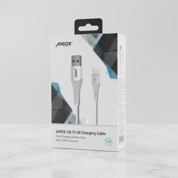 Airox CB-13 V8 Micro-USB fast charging cable retail box displaying the white 2.4A data sync cable.