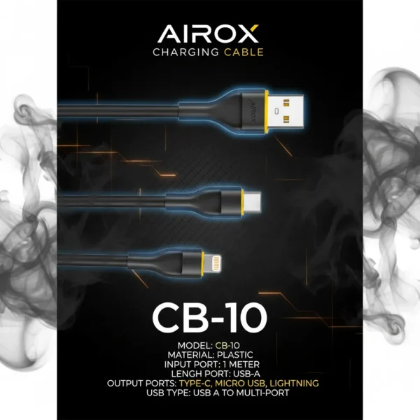 Airox CB-10 multi-port charging cable showing black USB-A, Type-C, and Lightning connectors with yellow accents.
