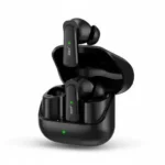 Airox E-14 Popup Earbuds in open black charging case, with one earbud partially lifted, showing green indicator lights.