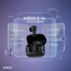 Black Airox E-14 Popup Earbuds in open charging case, with features highlighted on translucent glassmorphism panels.