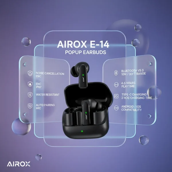 Black Airox E-14 Popup Earbuds in open charging case, with features highlighted on translucent glassmorphism panels.