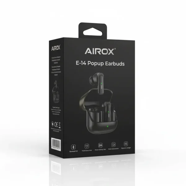 Black Airox E-14 Popup Earbuds retail box. Open charging case displays wireless earbuds, one lifted.