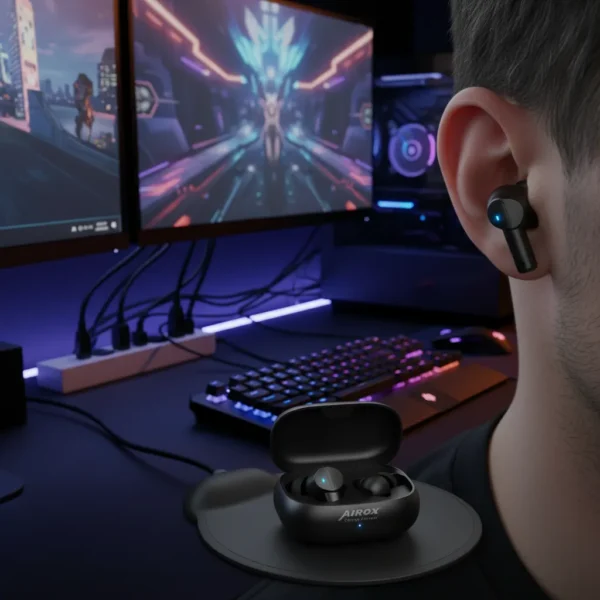Airox E5 wireless earbud worn by a gamer at a vibrant gaming desk, with open charging case.