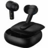 Black Airox E5 in-ear wireless earbuds with open charging case, one earbud inserted, one floating.