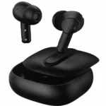 Black Airox E5 in-ear wireless earbuds with open charging case, one earbud inserted, one floating.