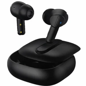Black Airox E5 in-ear wireless earbuds with open charging case, one earbud inserted, one floating.