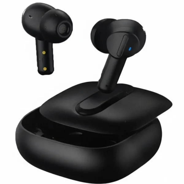 Black Airox E5 in-ear wireless earbuds with open charging case, one earbud inserted, one floating.