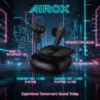 Black Airox E5 wireless earbuds and charging case on a wet surface, against a neon cyberpunk city.
