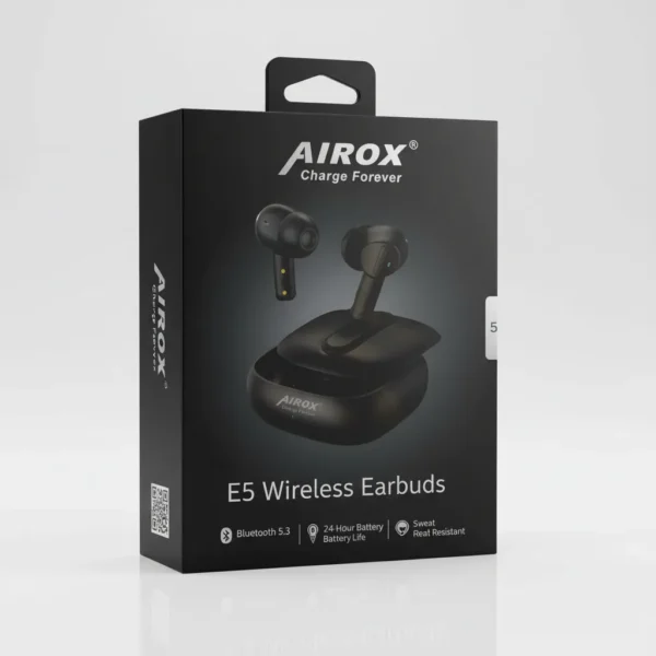 Black Airox E5 Wireless Earbuds retail box showing earbuds, open charging case, Bluetooth 5.3, and features.