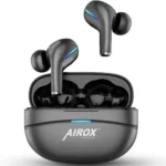 Airox E6 Wireless Earbuds, dark gray. One earbud in open charging case, one hovering. Both show blue LED lights.