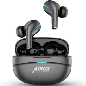 Airox E6 Wireless Earbuds, dark gray. One earbud in open charging case, one hovering. Both show blue LED lights.
