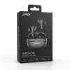 Black Airox E6 wireless earbuds retail box displays open charging case, two earbuds with blue light accents.