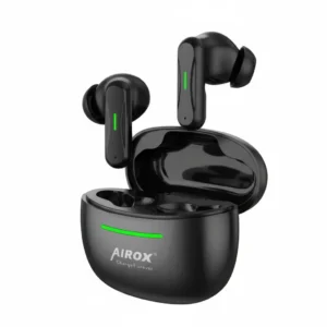 Two black Airox E7 wireless in-ear earbuds with green lights, resting in their open charging case showing logo.