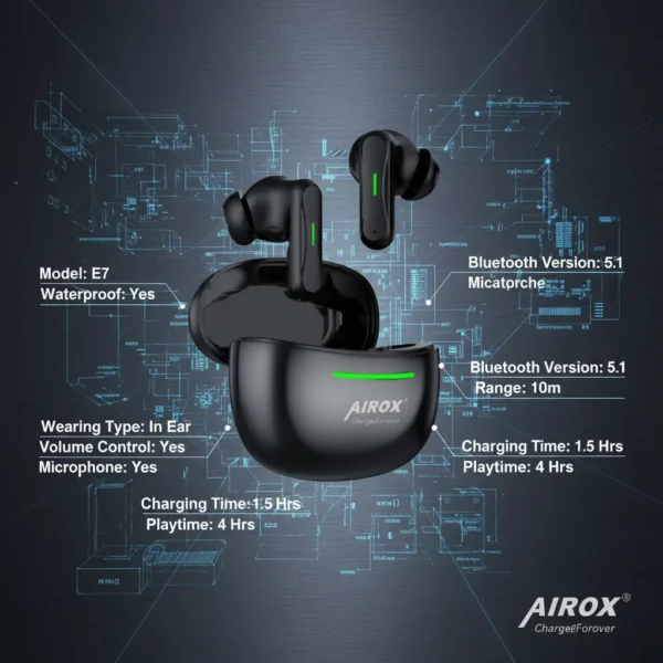 Black Airox E7 wireless earbuds with green lights, partially in an open charging case, on an industrial tech background.