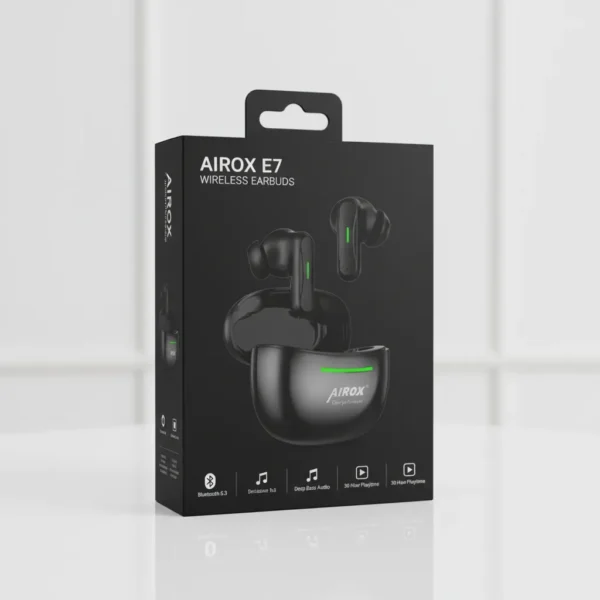 Black Airox E7 wireless earbuds retail packaging displaying earbuds, charging case, and green lights.