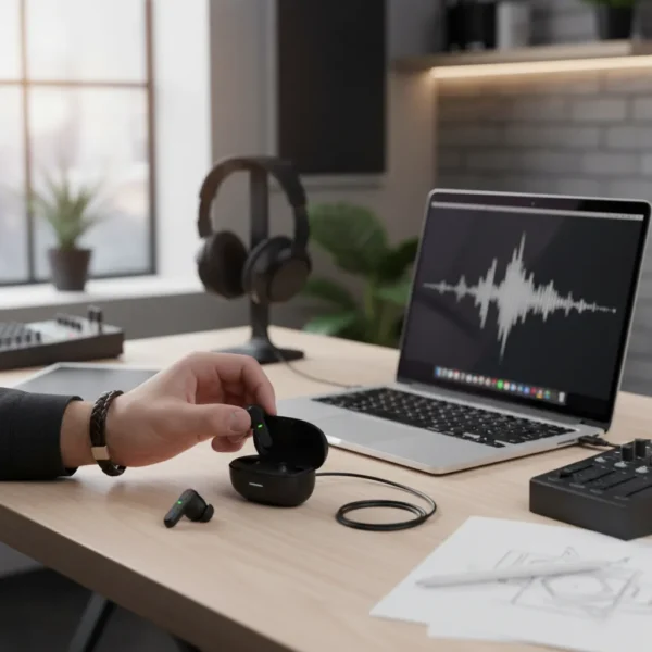 Hand placing Airox E9 wireless earbud into charging case on desk with laptop and studio audio equipment.