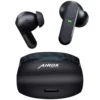 Airox E9 black wireless in-ear earbuds and charging case with green indicator lights and USB-C port.