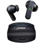 Airox E9 black wireless in-ear earbuds and charging case with green indicator lights and USB-C port.