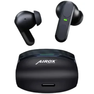 Airox E9 black wireless in-ear earbuds and charging case with green indicator lights and USB-C port.