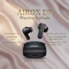 Black Airox E9 wireless earbuds with charging case on a luxurious, minimalist silk background.
