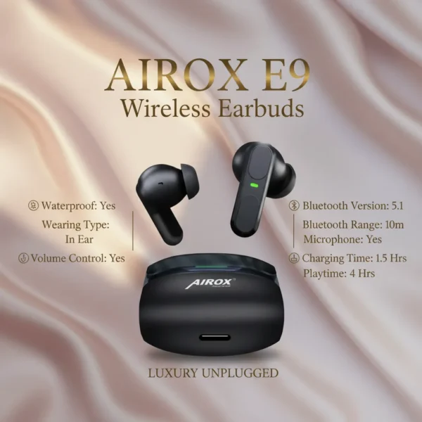 Black Airox E9 wireless earbuds with charging case on a luxurious, minimalist silk background.
