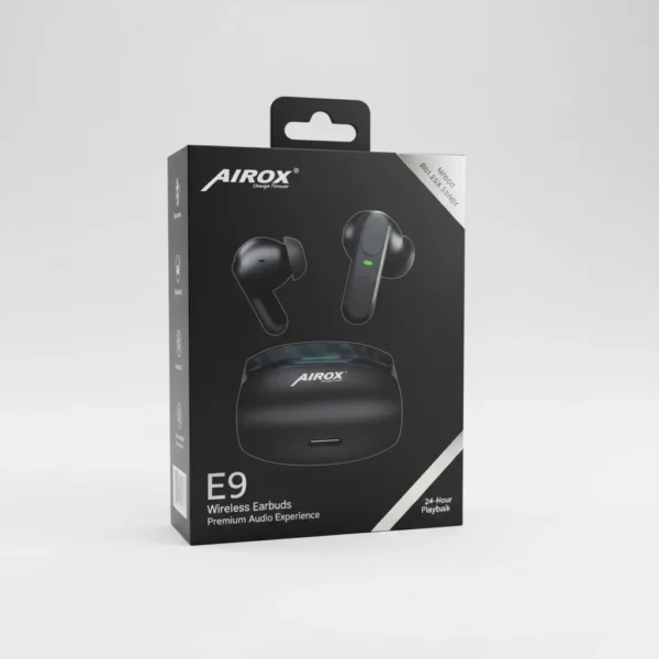 Black Airox E9 Wireless Earbuds retail box displaying the earbuds and charging case with logo.