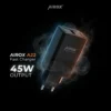 Airox A22 45W Fast Charger, black adapter with two prongs, glowing blue/orange smoke on a dark, elegant circuit background.
