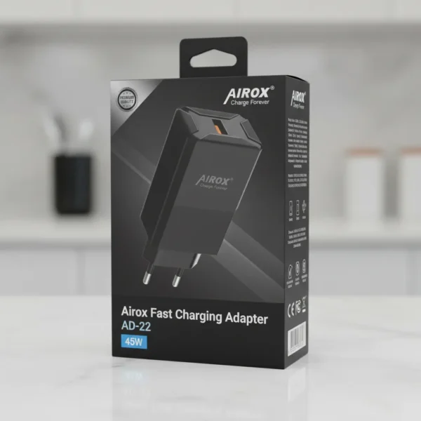 Black Airox Fast Charging Adapter AD-22 45W retail packaging with product image on a countertop.