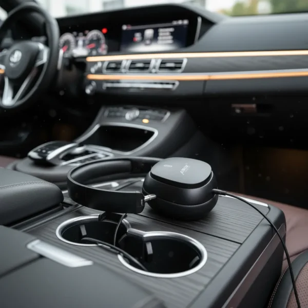 Black Airox HP-03 Headphones with cable resting on a car's center console, dashboard in background.