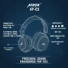Airox HP-03 wireless Bluetooth headphones wireframe blueprint on blue grid with technical specifications.