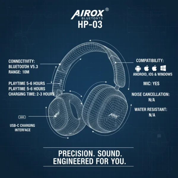 Airox HP-03 wireless Bluetooth headphones wireframe blueprint on blue grid with technical specifications.