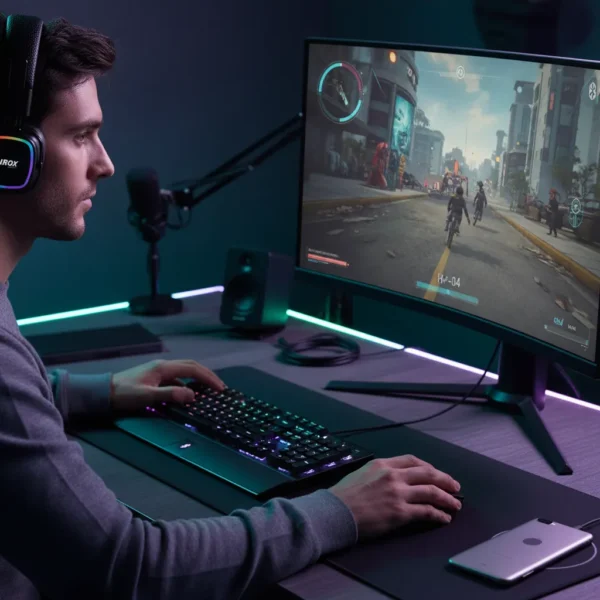 Airox HP-04 wireless gaming headphones with RGB lighting worn by a gamer immersed in a PC game.