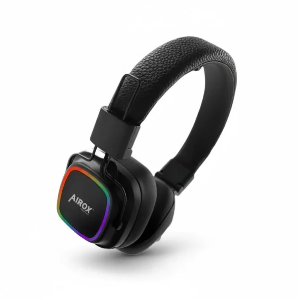 Airox HP-04 black wireless over-ear headphones, featuring RGB LED lighting around the AIROX logo.