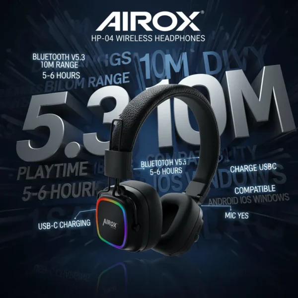 Airox HP-04 black wireless over-ear headphones with RGB lighting, surrounded by bold 3D feature typography.
