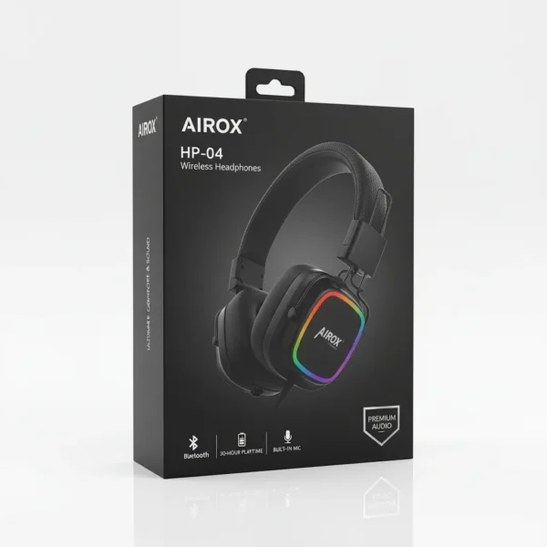 Airox HP-04 wireless headphones black retail box featuring product image with RGB lighting, Bluetooth, and premium audio.