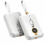 Two white Airox PB-01 10000mAh power banks with built-in cables, digital display, and lightning connector.