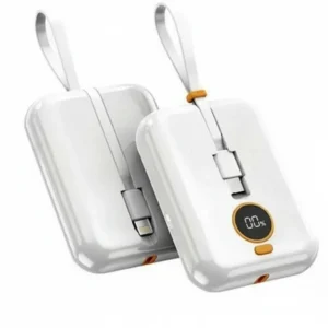 Two white Airox PB-01 10000mAh power banks with built-in cables, digital display, and lightning connector.